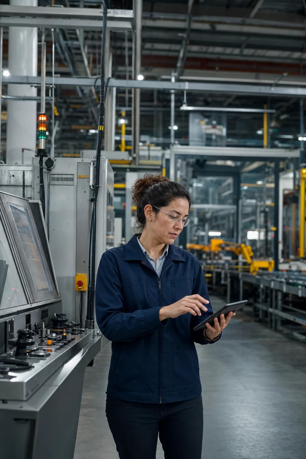 Manufacturing systems engineer coordinating production from an industrial workstation