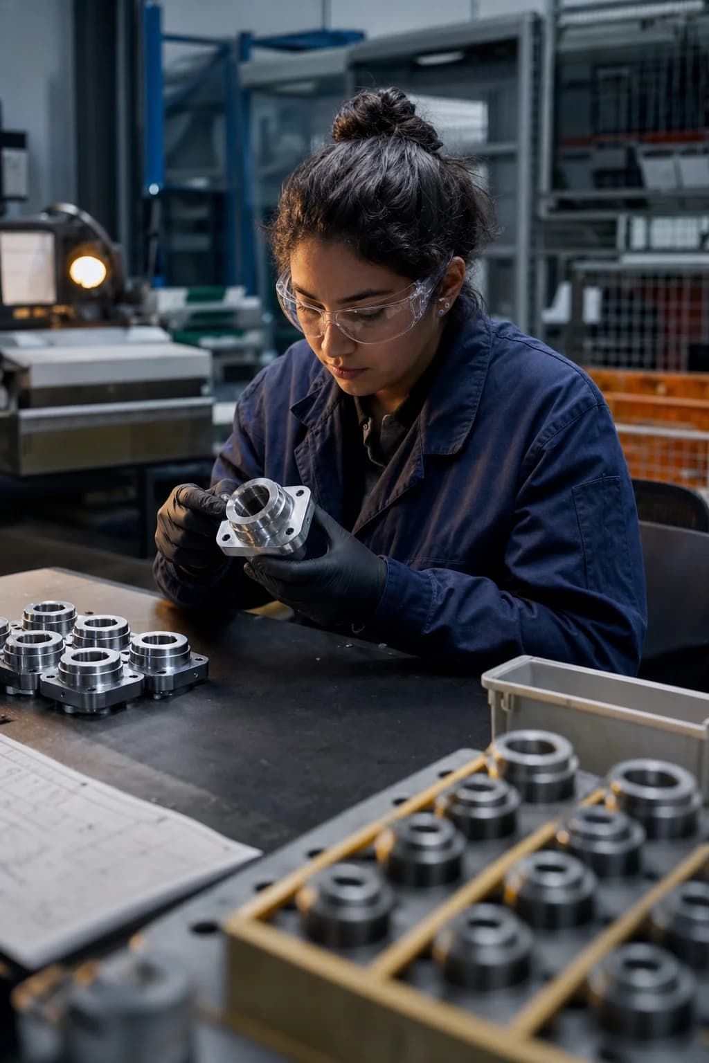 A quality inspector examining a precision component at a manufacturing station.